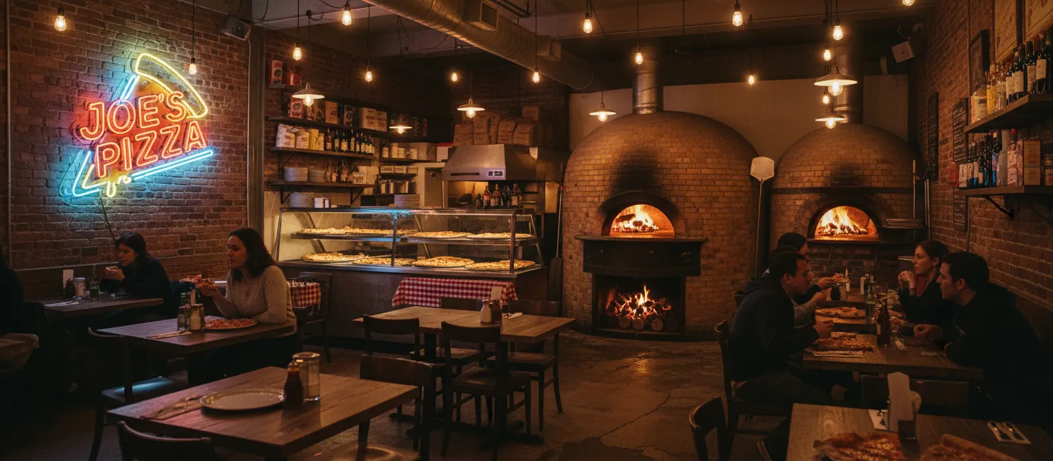 An authentic New York pizzeria interior at night with a warm brick oven, rustic wooden tables, and a vintage neon sign.