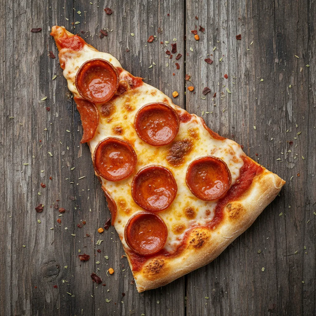 A top-down view of a classic New York pepperoni pizza slice with glistening cheese and a crispy crust on a wooden surface.