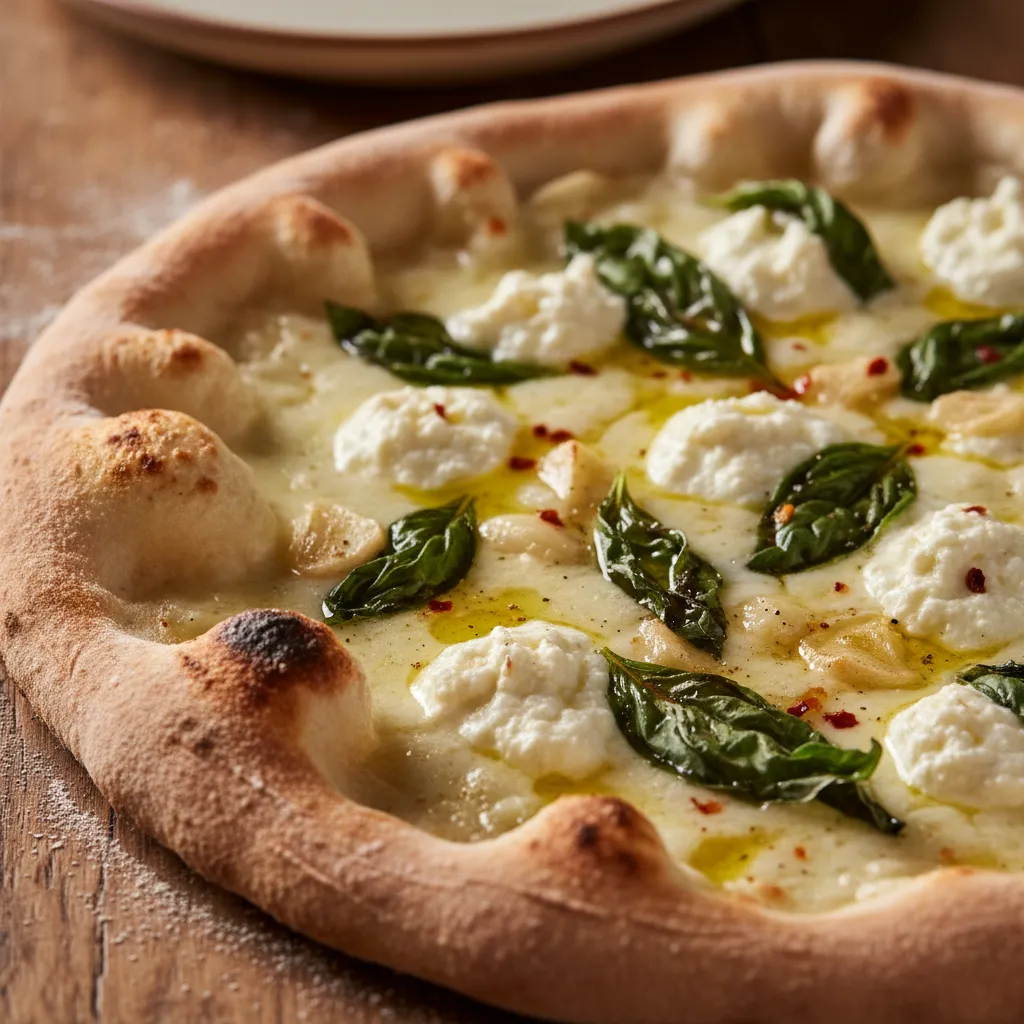 A close-up shot of a white pizza with ricotta cheese, fresh basil, and a charred crust.