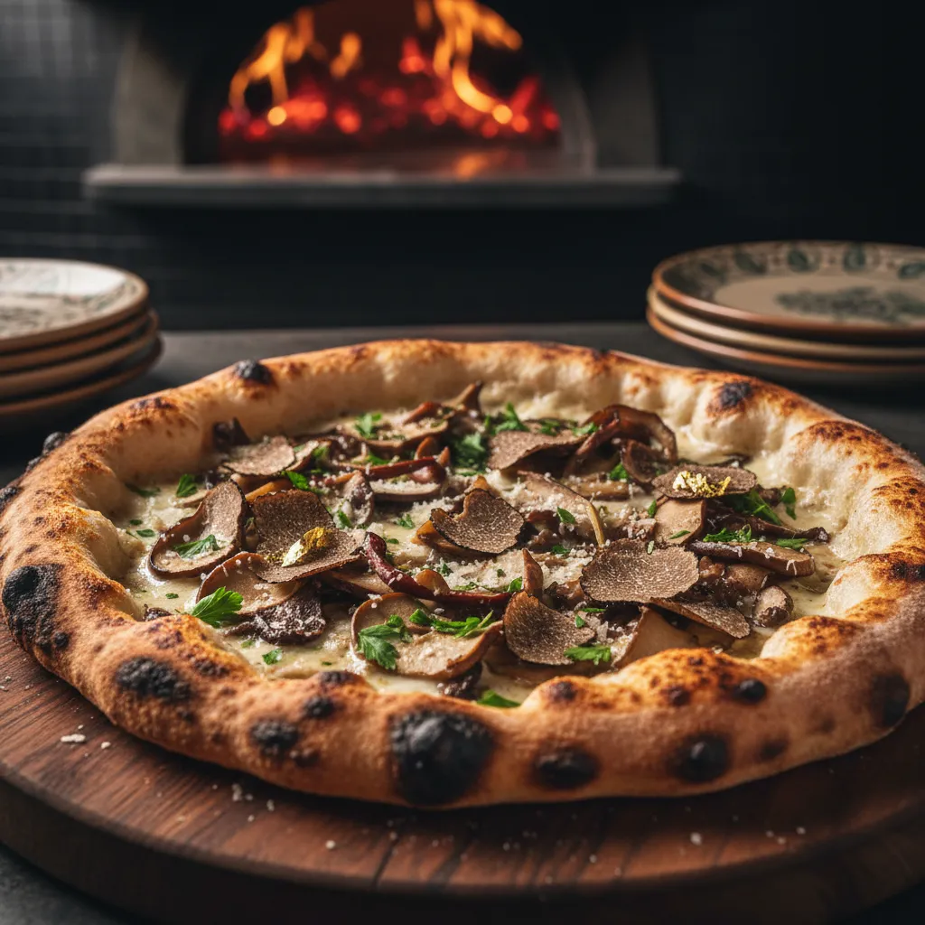 A close-up of a gourmet truffle and mushroom pizza with wood-fired char.