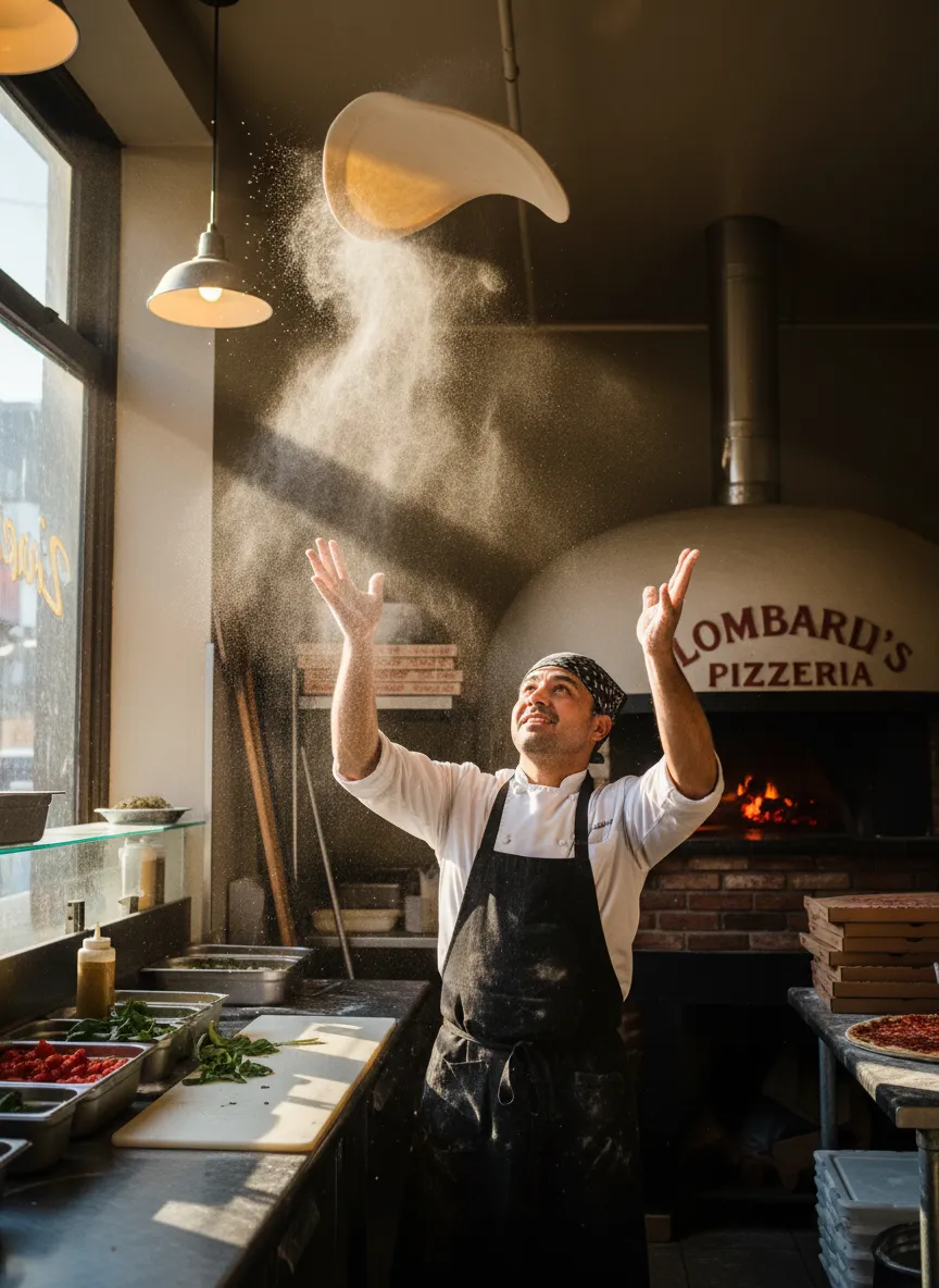 A pizza chef in a New York pizzeria kitchen tosses dough, with flour dust glowing in cinematic lighting.